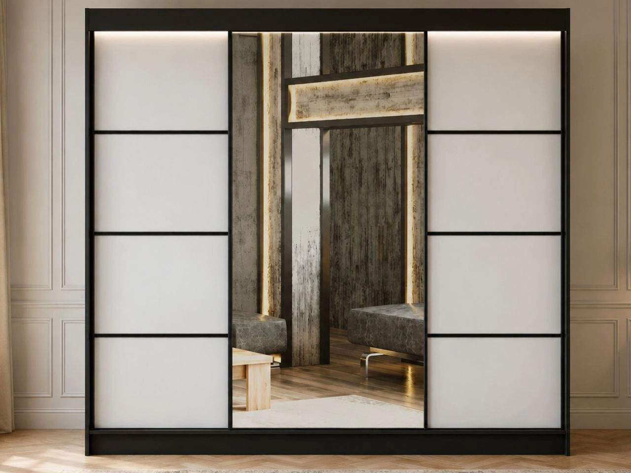 Schiebetürenschrank mit Spiegel 250 cm mit LED-Beleuchtung Portel Weiß, Schwarz