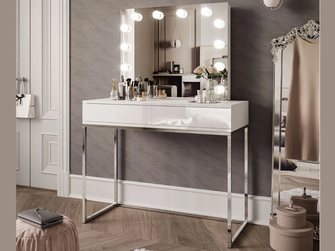 Schminktisch  Glamour mit Schubladen, Spiegel und LED-Beleuchtung Brisa Weiß Hochglanz