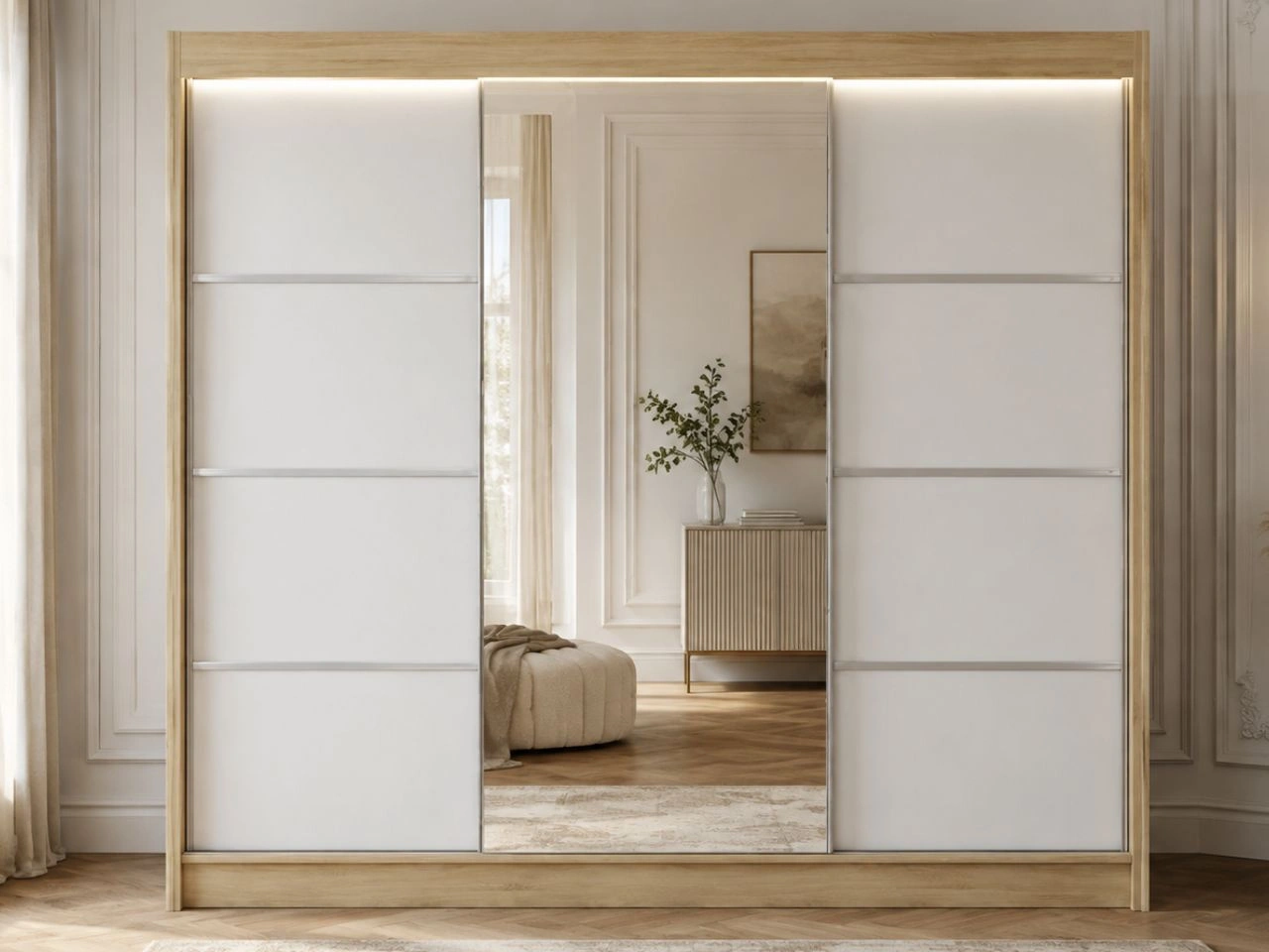 Schiebetürenschrank mit Spiegel 250 cm mit LED-Beleuchtung Portel Weiß, Eiche Sonoma