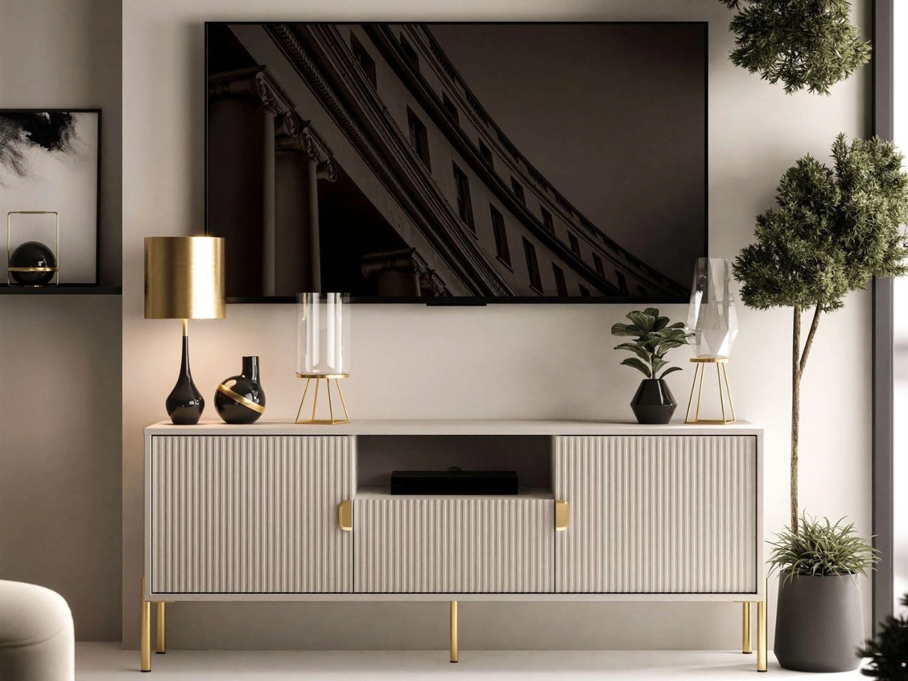 TV-Lowboard zweitürig mit Schublade und goldenen Metallfüßen Orlean Kaschmir Matt