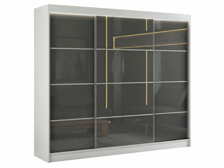 Schiebetürenschrank mit Sprossen 250 cm mit LED-Beleuchtung Ponti Weiß, Grau