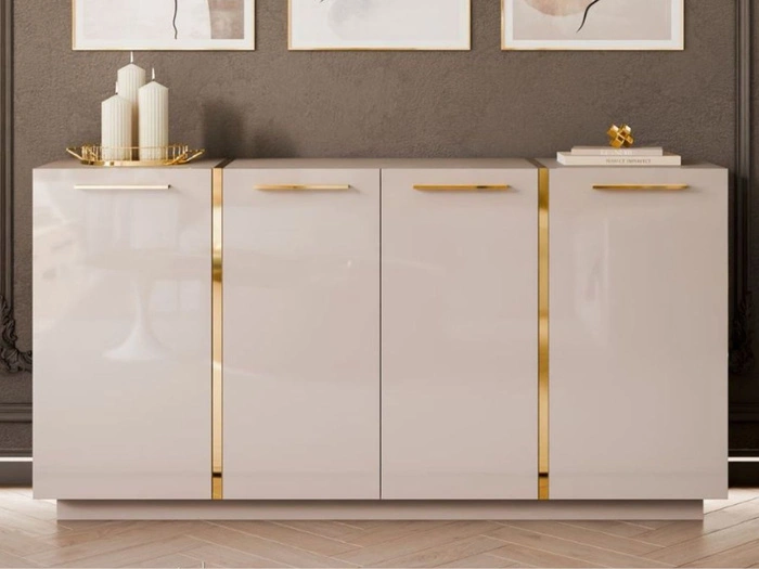 Viertürige Kommode 158 cm Glamour-Stil mit goldenen Griffen Lunelie Kaschmirglanz