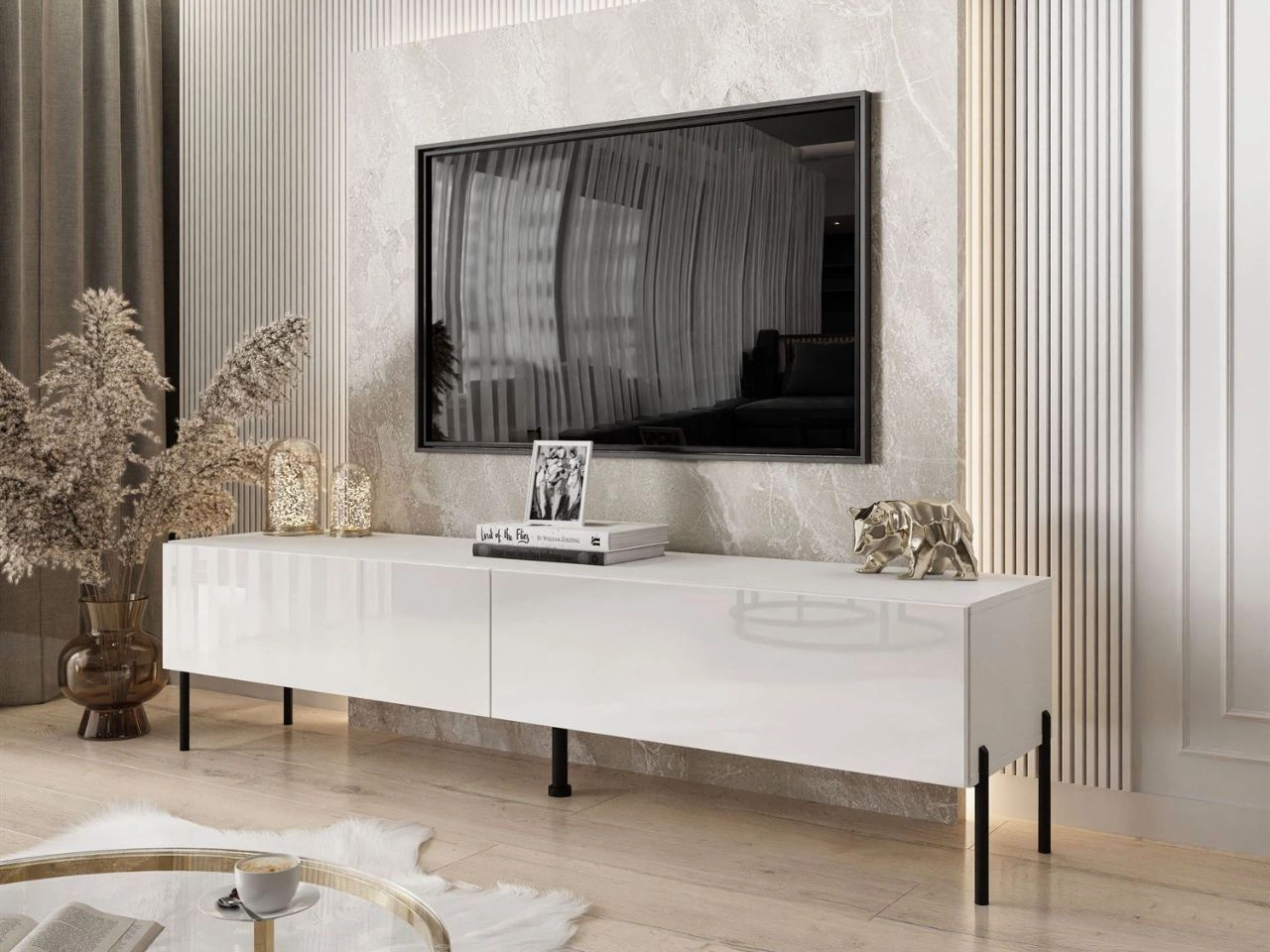 TV-Lowboard mit Türen auf Schwarzen Metallbeinen 175 cm Sorelle Weiß Hochglanz