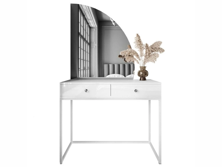 Kosmetiktisch rechtsseitig mit Schubladen und LED-Beleuchtung auf weißen Beinen Clarette Weiß Hochglanz