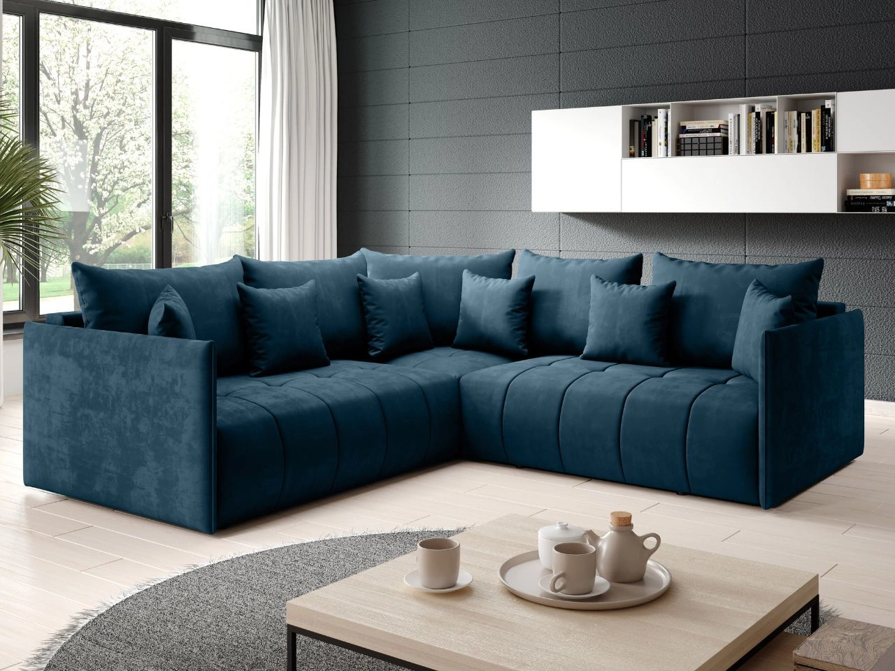 Ecksofa L-Form mit Schlaffunktion und Bettkasten Dunkelblau