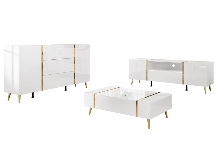 Wohnzimmer-Set mit goldenen Metallbeinen im Glamour-Stil Lunelie Weiß Hochglanz