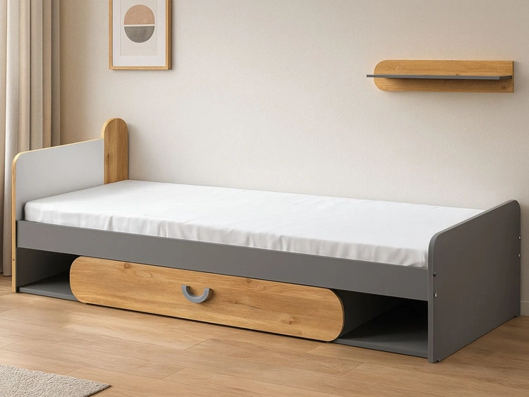 Einzelbett mit Schublade für ein Jugendzimmer Casa Nash Eiche, Weiß, Grau