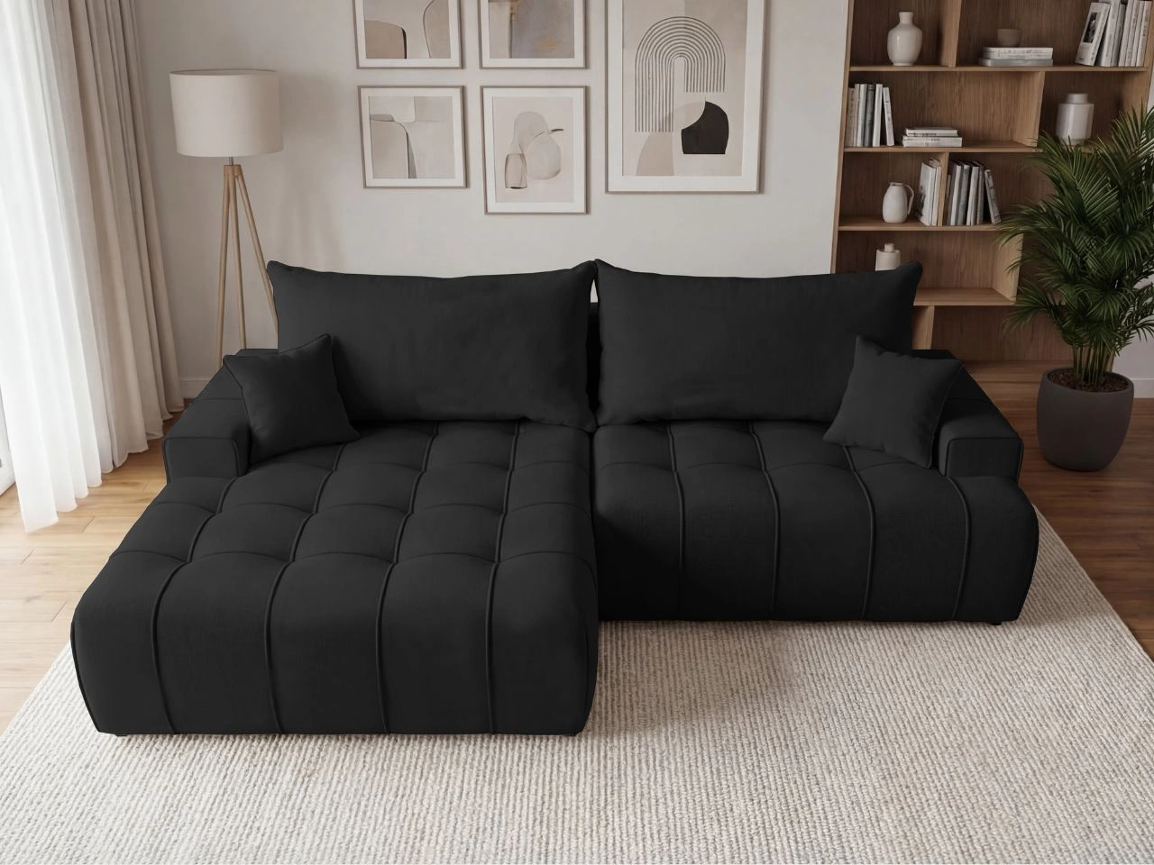 Ecksofa L-Form mit Schlaffunktion und Bettkasten Tulio Links Schwarz