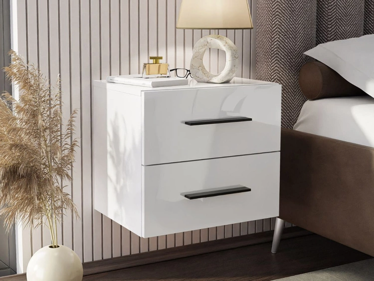 Hängender Nachttisch mit zwei Schubladen Nuveo Lux Weiß Hochglanz