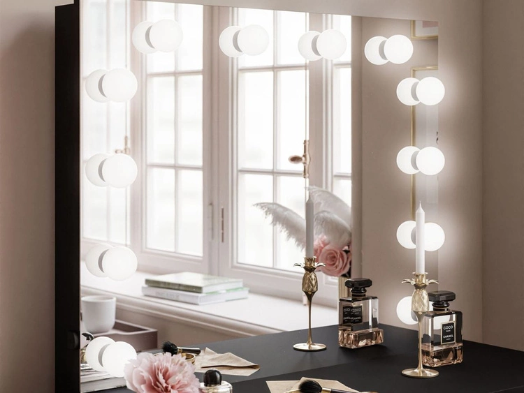 Schminktisch mit Schubladen, Spiegel und LED-Beleuchtung Brisa Schwarz Hochglanz