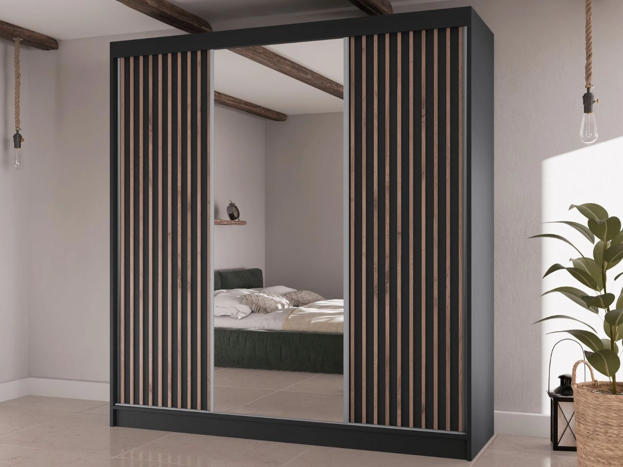 Schiebetürenschrank mit Lamellen und Spiegel 200 cm Lucena Schwarz