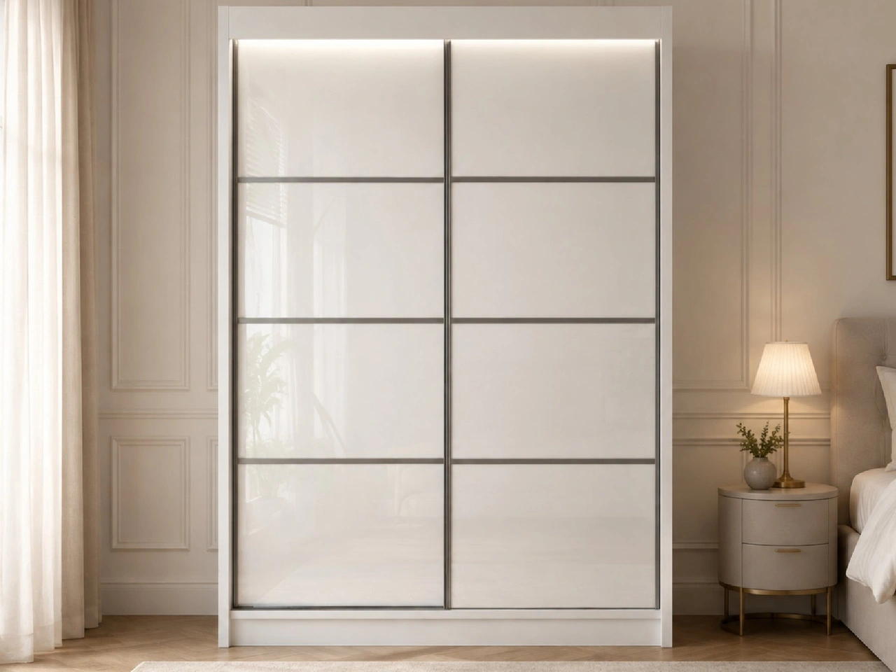 Schiebetürenschrank mit Sprossen 150 cm mit LED-Beleuchtung Ponti Weiß