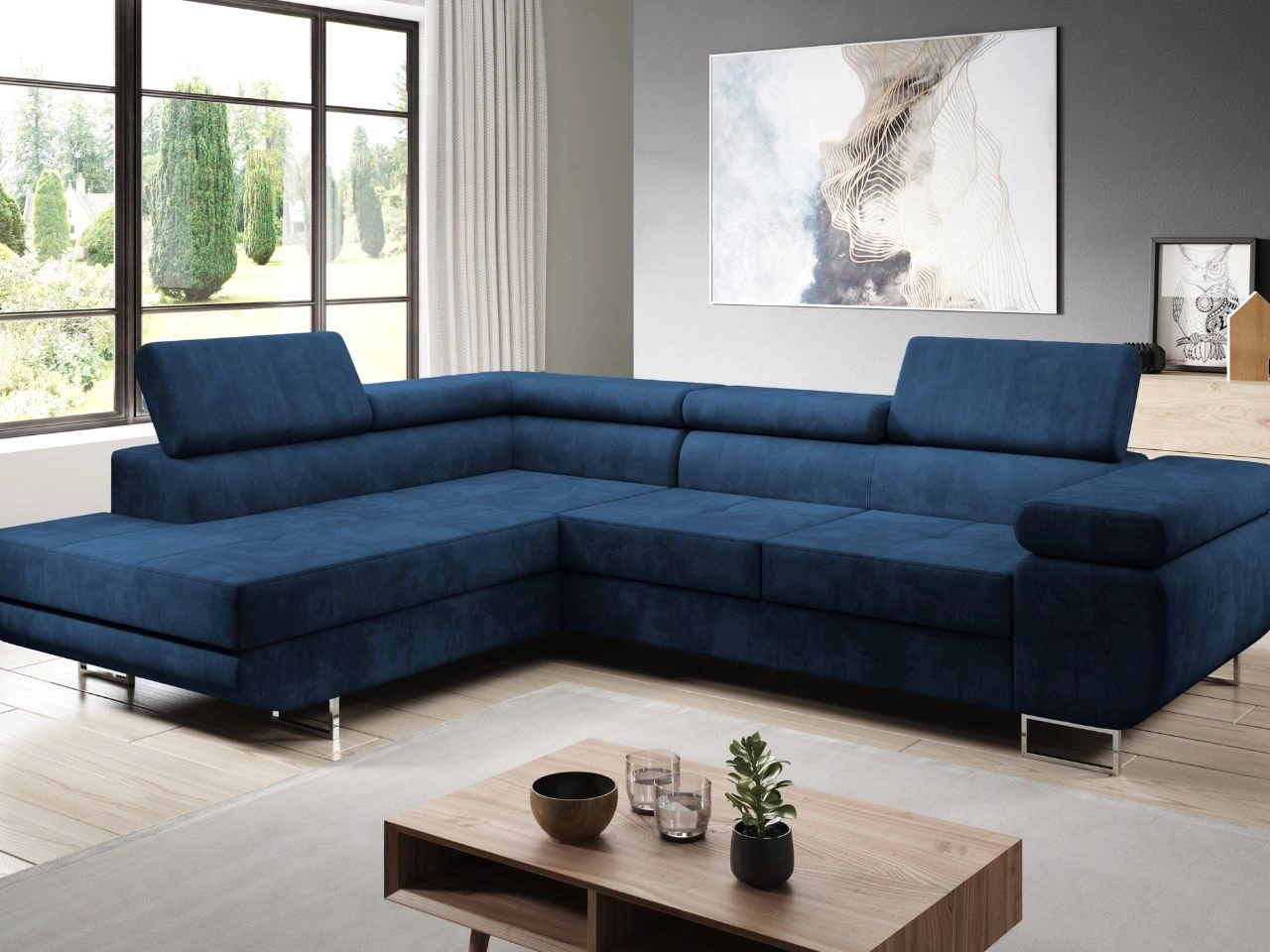 Ecksofa L-Form Links mit Schlaffunktion und Bettkasten Solam L Dunkelblau