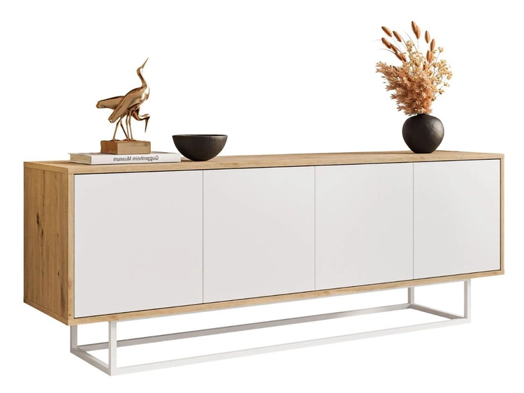 TV-Lowboard mit Türen auf weißem Gestell Vivance Weiß und Artisan Eiche