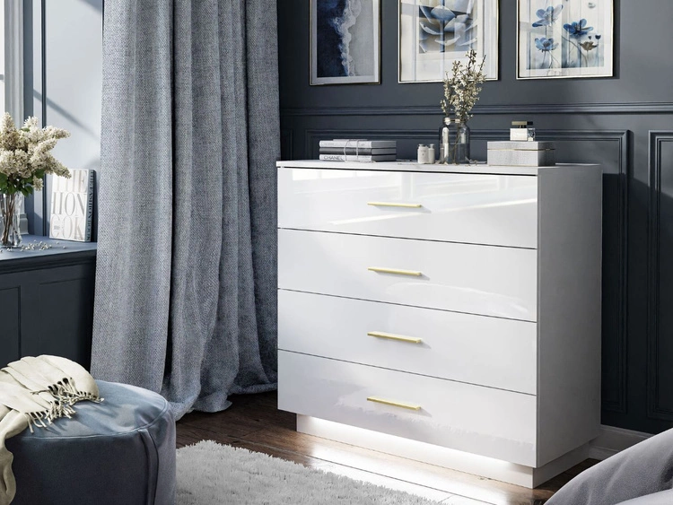 Kommode mit vier Schubladen und LED-Beleuchtung Nuveo Weiß Hochglanz