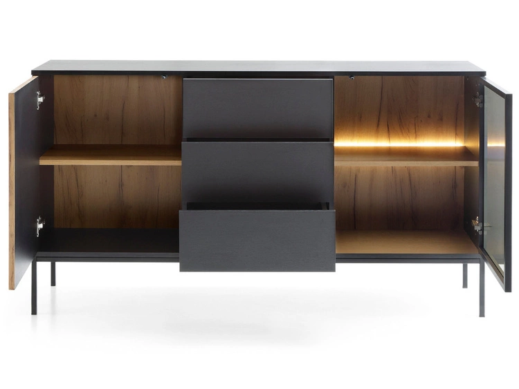 Kommode mit Türen und Schubladen Deo Schwarz, Eiche Wotan