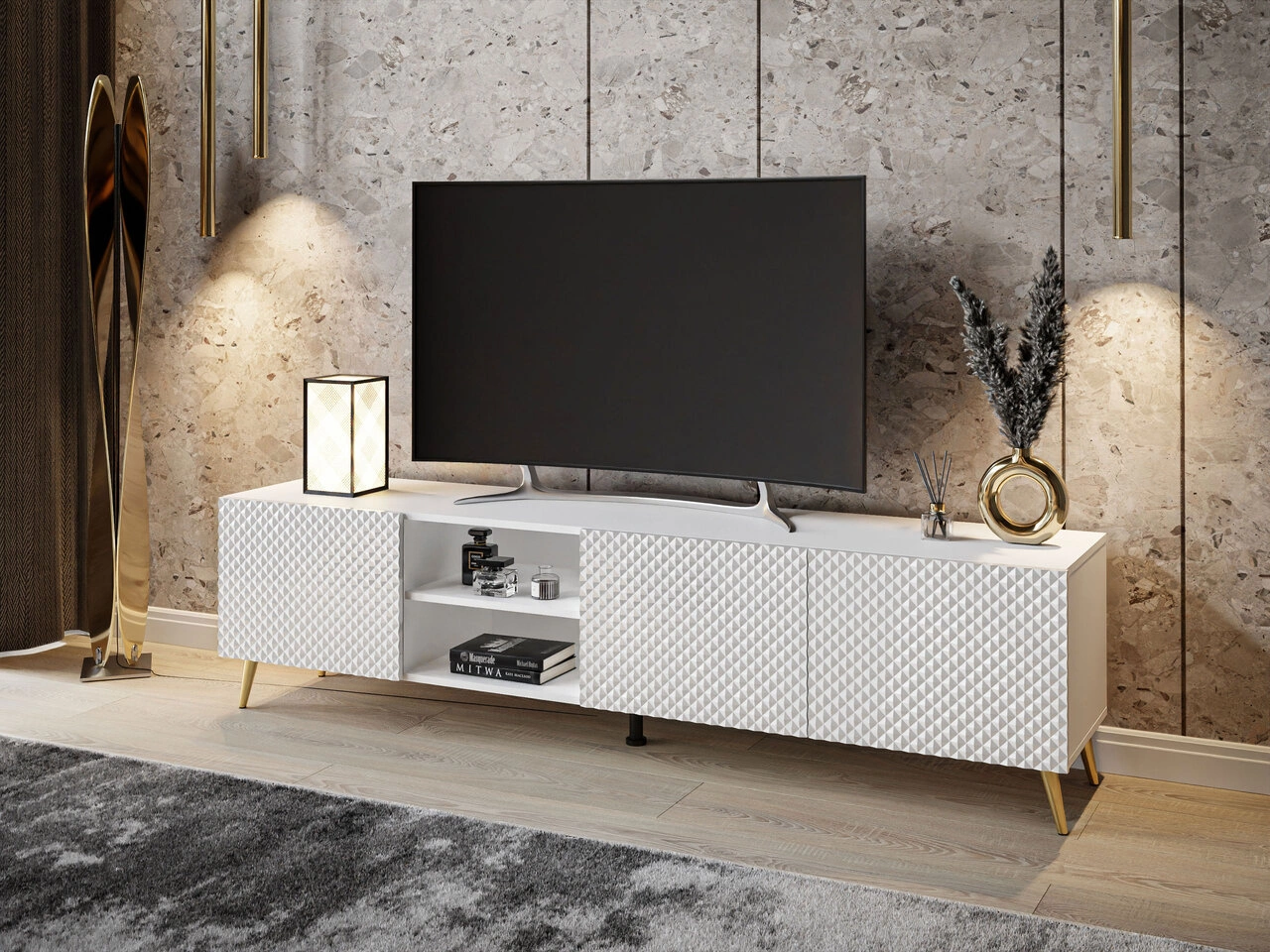 TV-Schrank mit 3D-gefrästen Fronten und goldenen Metallbeinen Celiane Weiß Glanz