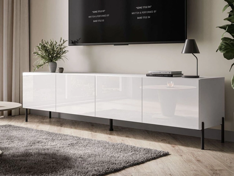 TV-Lowboard mit Türen auf Schwarzen Metallbeinen 200 cm Nodoo Weiß Hochglanz