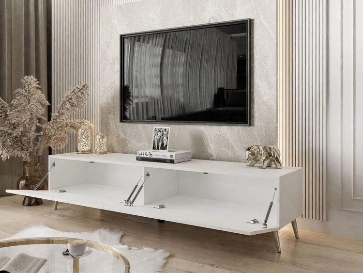TV-Lowboard mit Türen auf Silbernen Metallbeinen 175 cm mit LED-Beleuchtung Sorelle Weiß Hochglanz