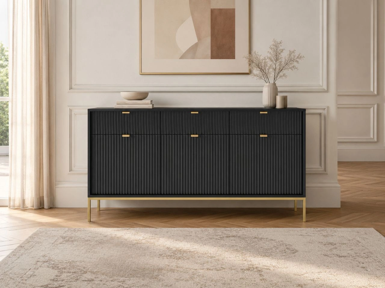Kommode mit Türen und Schubladen Amber Schwarz, Gold Frame