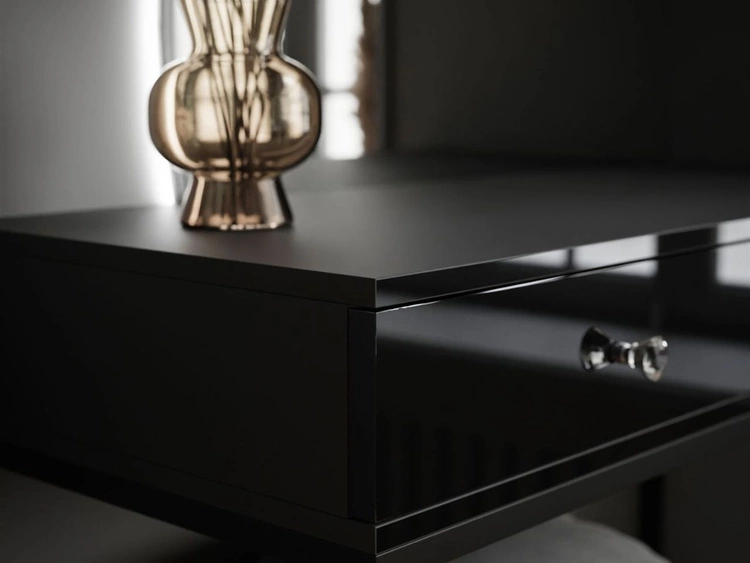 Kosmetiktisch linksseitig mit Schubladen und LED-Beleuchtung auf schwarzen Beinen Clarette Schwarz Hochglanz