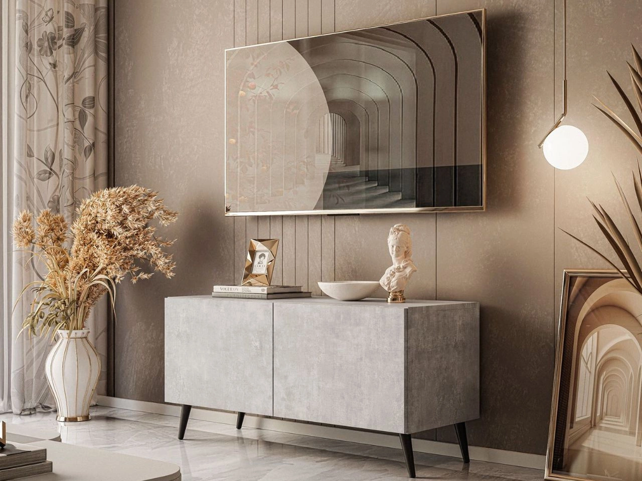 TV-Lowboard mit Türen auf Schwarzen Metallbeinen 100 cm Nodoo Beton