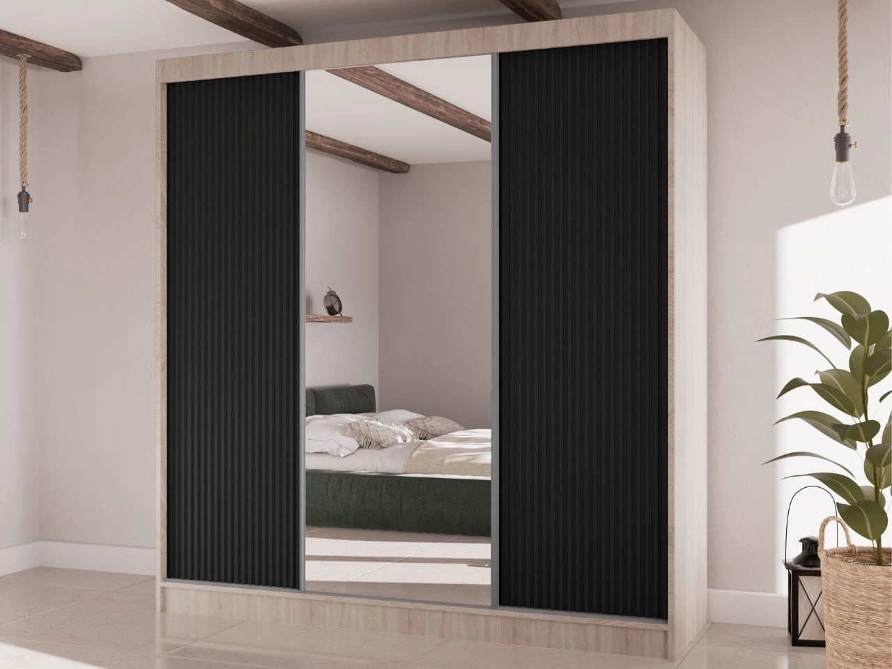 Schiebetürenschrank mit geriffelter Front und Spiegel 200 cm Rivas Eiche Sonoma, Schwarz