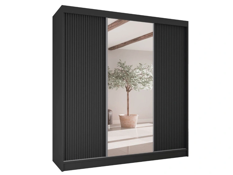 Schiebetürenschrank mit geriffelter Front und Spiegel 200 cm Rivas Schwarz