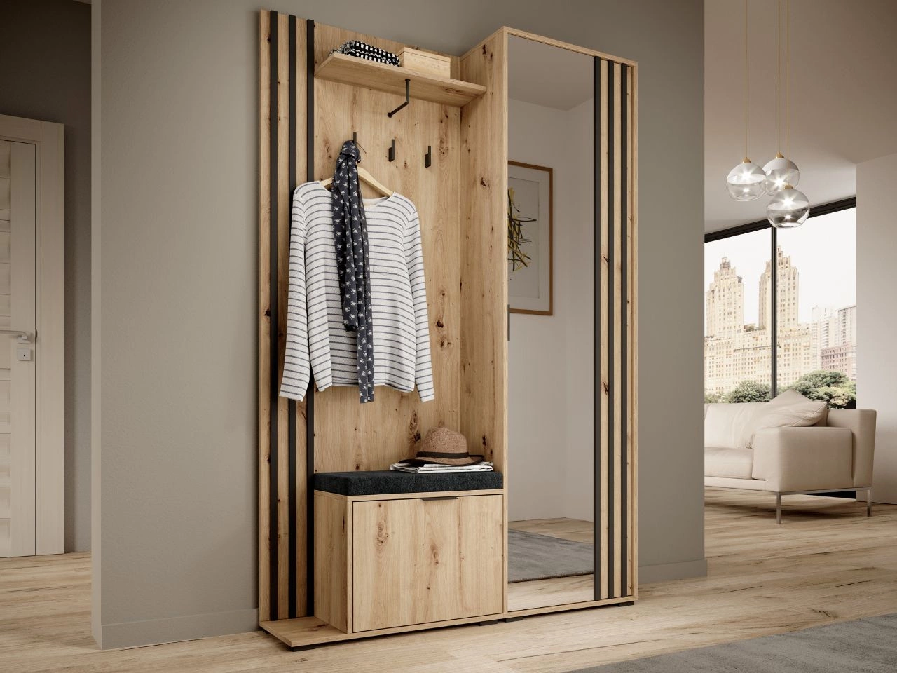 Garderobe mit Spiegel und Kleiderhaken Graphit, Artisan Eiche