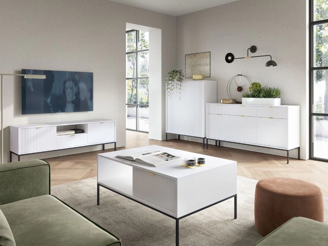 Wohnzimmerset Amber Weiß, Schwarz Frame