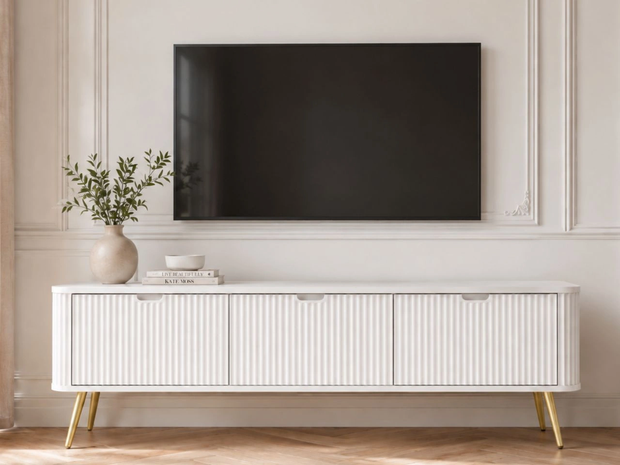 TV-Lowboard mit Türen Viva Weiß auf Goldenen Beinen