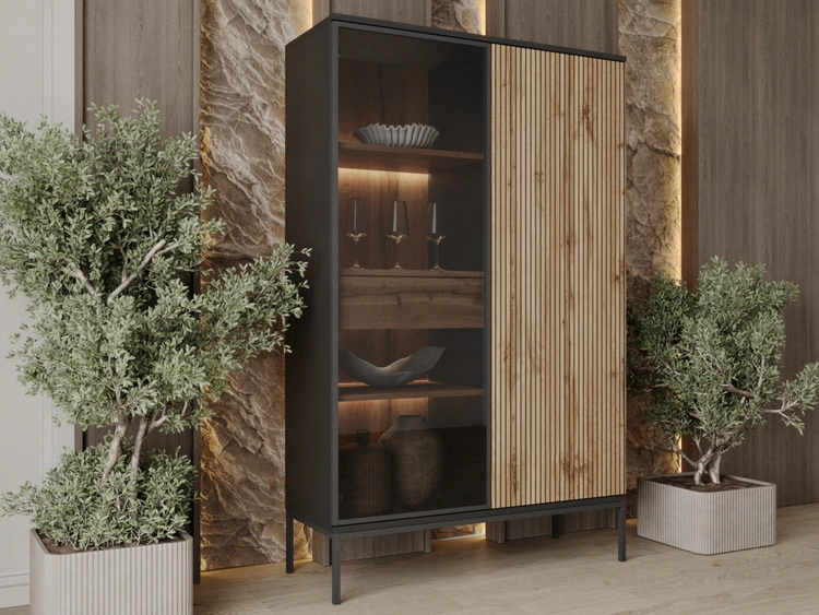 Vitrinenschrank mit Led Deo 166 cm Schwarz, EIche Wotan