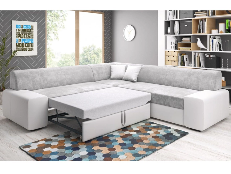 Ecksofa L-Form Rechts mit Schlaffunktion und Bettkasten Fresto Maxi Grau, Weiß