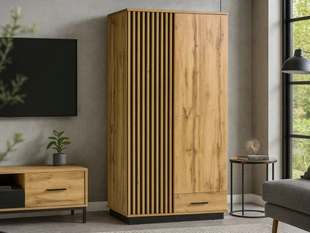 Kleiderschrank 90 cm mit Lamellen und Flügeltüren für das Wohnzimmer Lavore Wotan Eiche, Schwarz matt
