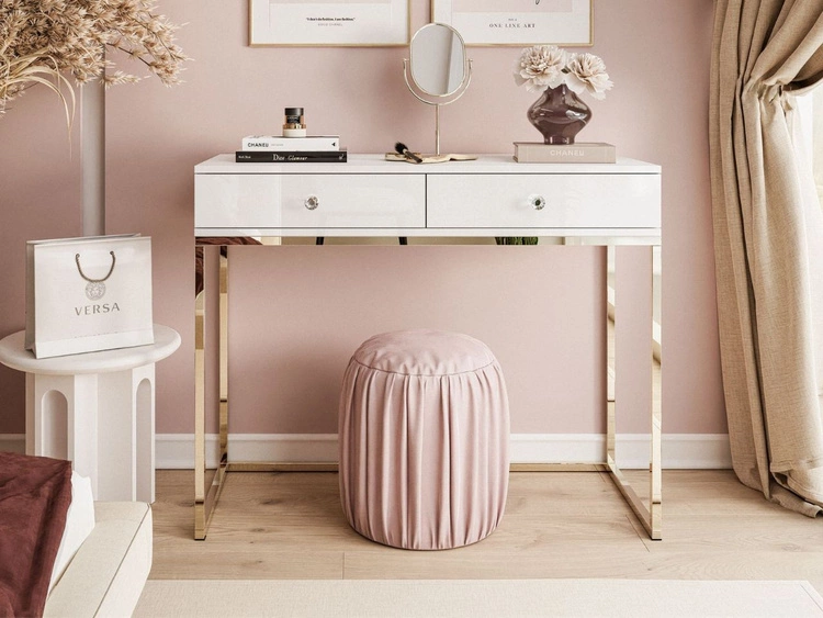 Konsolentisch mit Schubladen, goldenem Gestell und Kristallgriffen Brisa Weiß Hochglanz