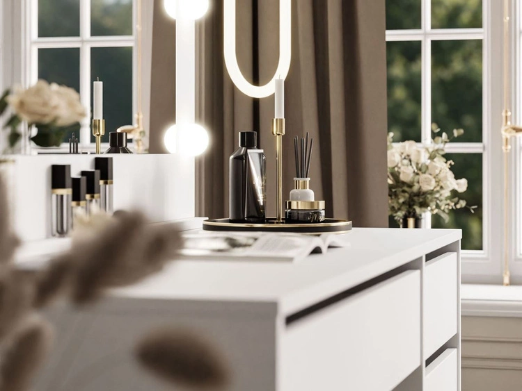 Schminktisch Glamour mit Spiegel, Schubladen und LED Melo Weiß Matt