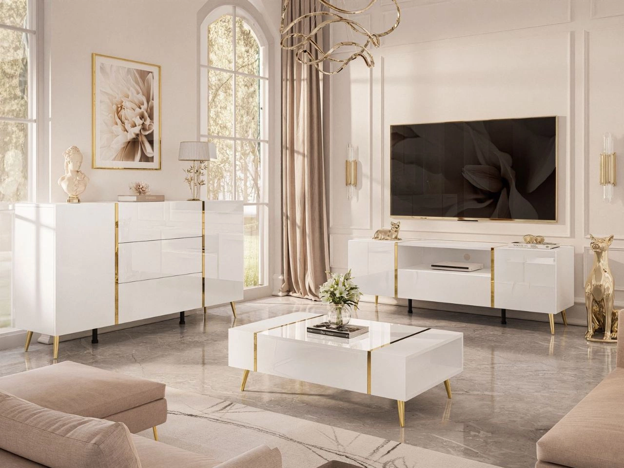 Wohnzimmer-Set mit goldenen Metallbeinen im Glamour-Stil Lunelie Weiß Hochglanz