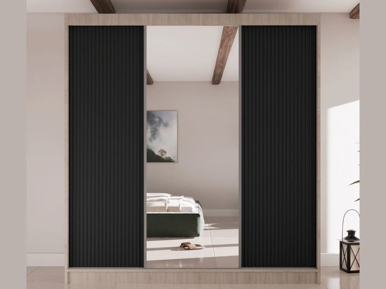 Schiebetürenschrank mit geriffelter Front und Spiegel 200 cm Rivas Eiche Sonoma, Schwarz