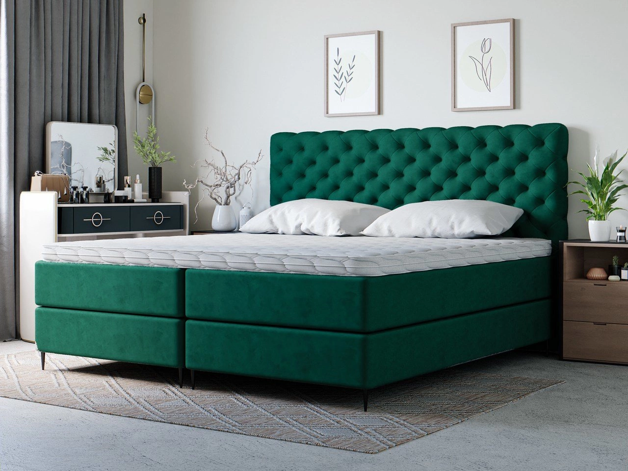 Boxspringbett mit Chesterfield Kopfstütze 140x200 Bergamo - Grün