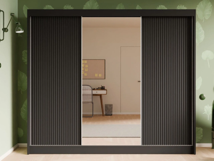 Schiebetürenschrank mit geriffelter Front und Spiegel 250 cm Fano Schwarz