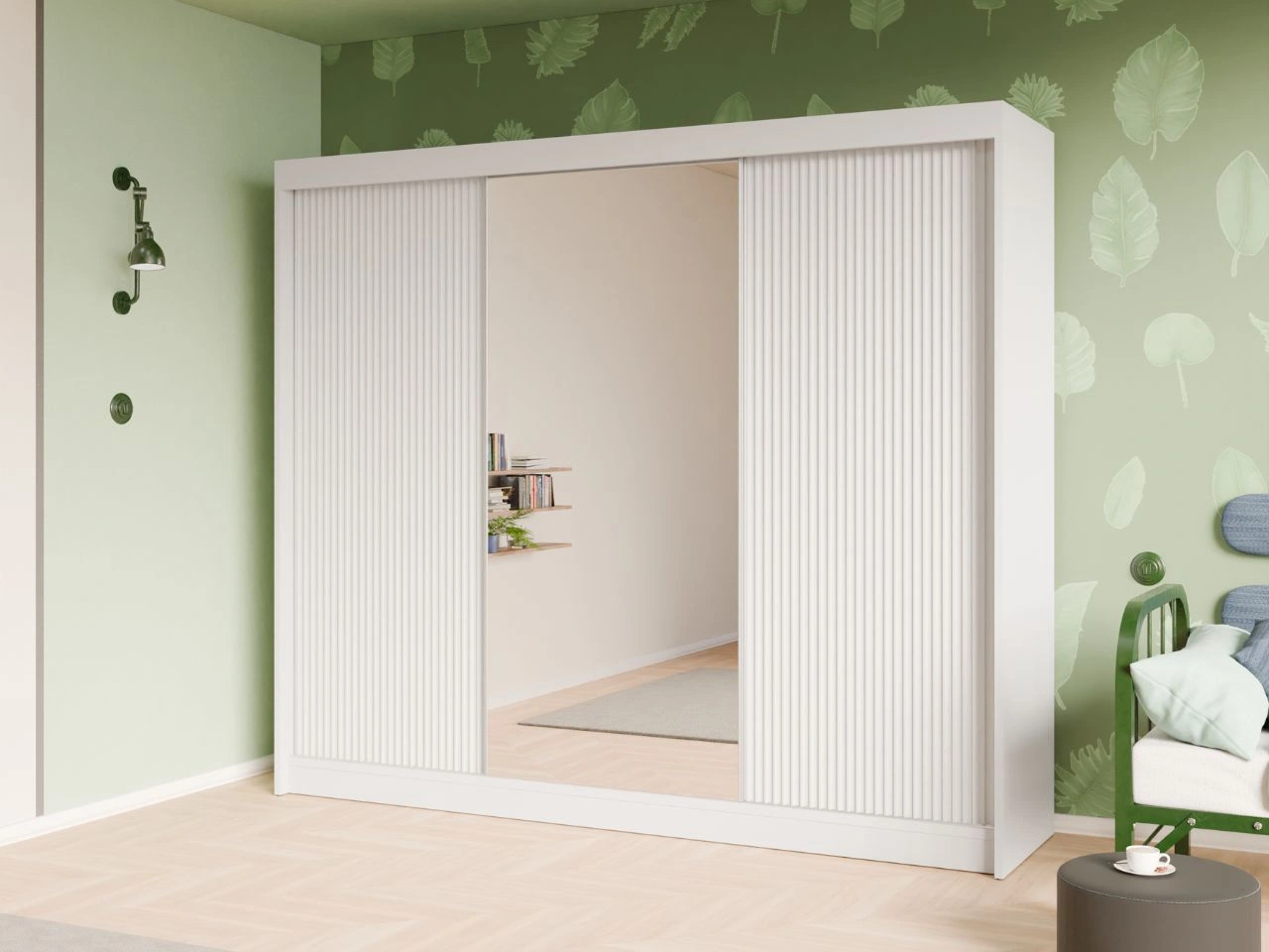 Schiebetürenschrank mit geriffelter Front und Spiegel 250 cm Fano Weiß