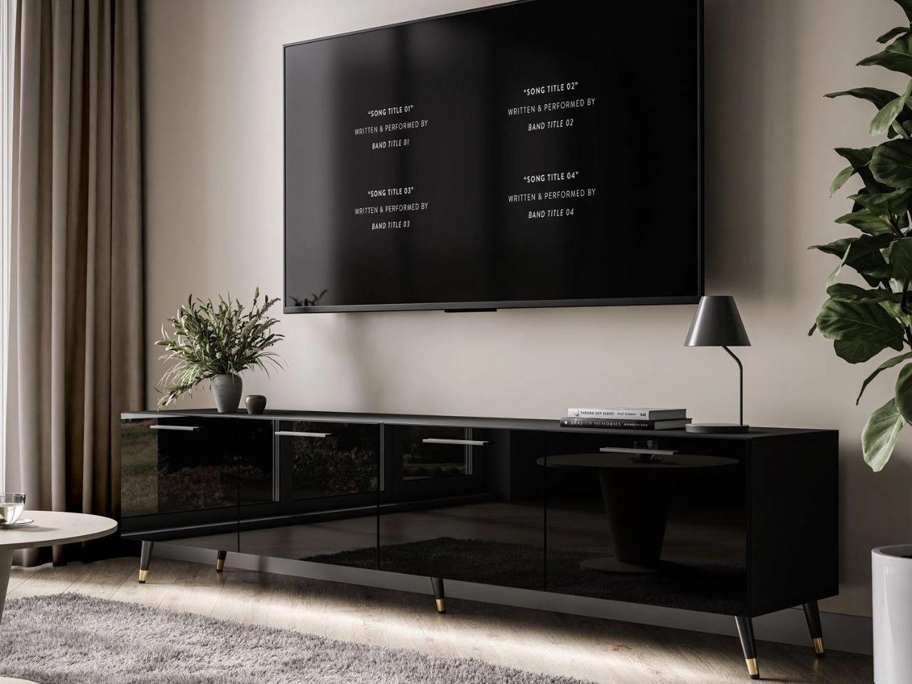 TV-Lowboard mit Türen und LED-Beleuchtung auf Schwarz-Goldenen Metallbeinen 200 cm Noaé Schwarz Hochglanz