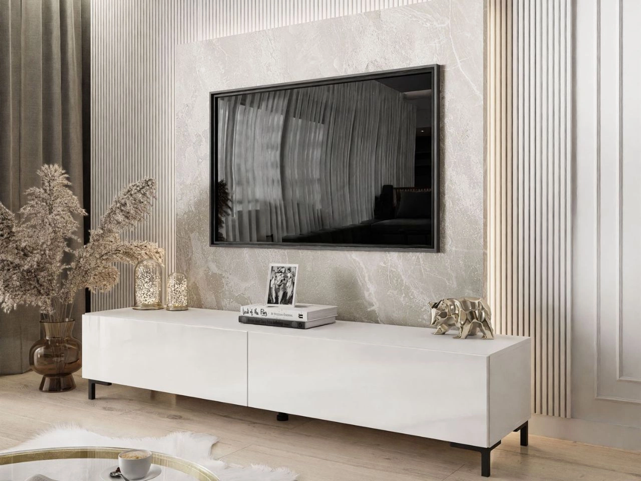 TV-Lowboard mit zwei Türen auf schwarzen Beinen 175 cm mit LED-Beleuchtung Sorelle Weiß Hochglanz