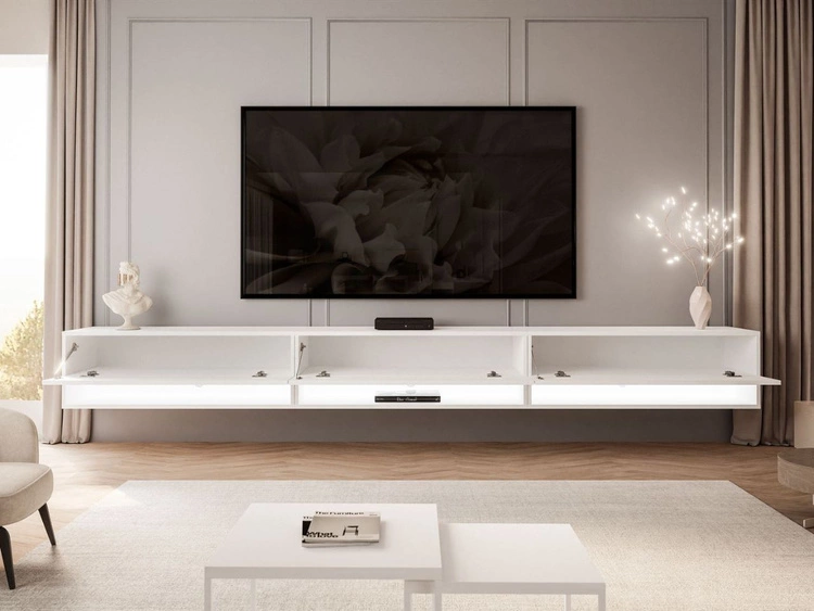 Hänge TV-Schrank 270 cm für Wohnzimmer mit LED-Beleuchtung Aurelie Weiß Hochglanz