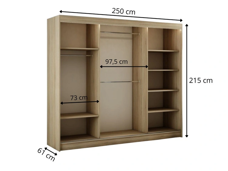 Schiebetürenschrank mit Spiegel 250 cm mit LED-Beleuchtung Portel Weiß, Eiche Sonoma