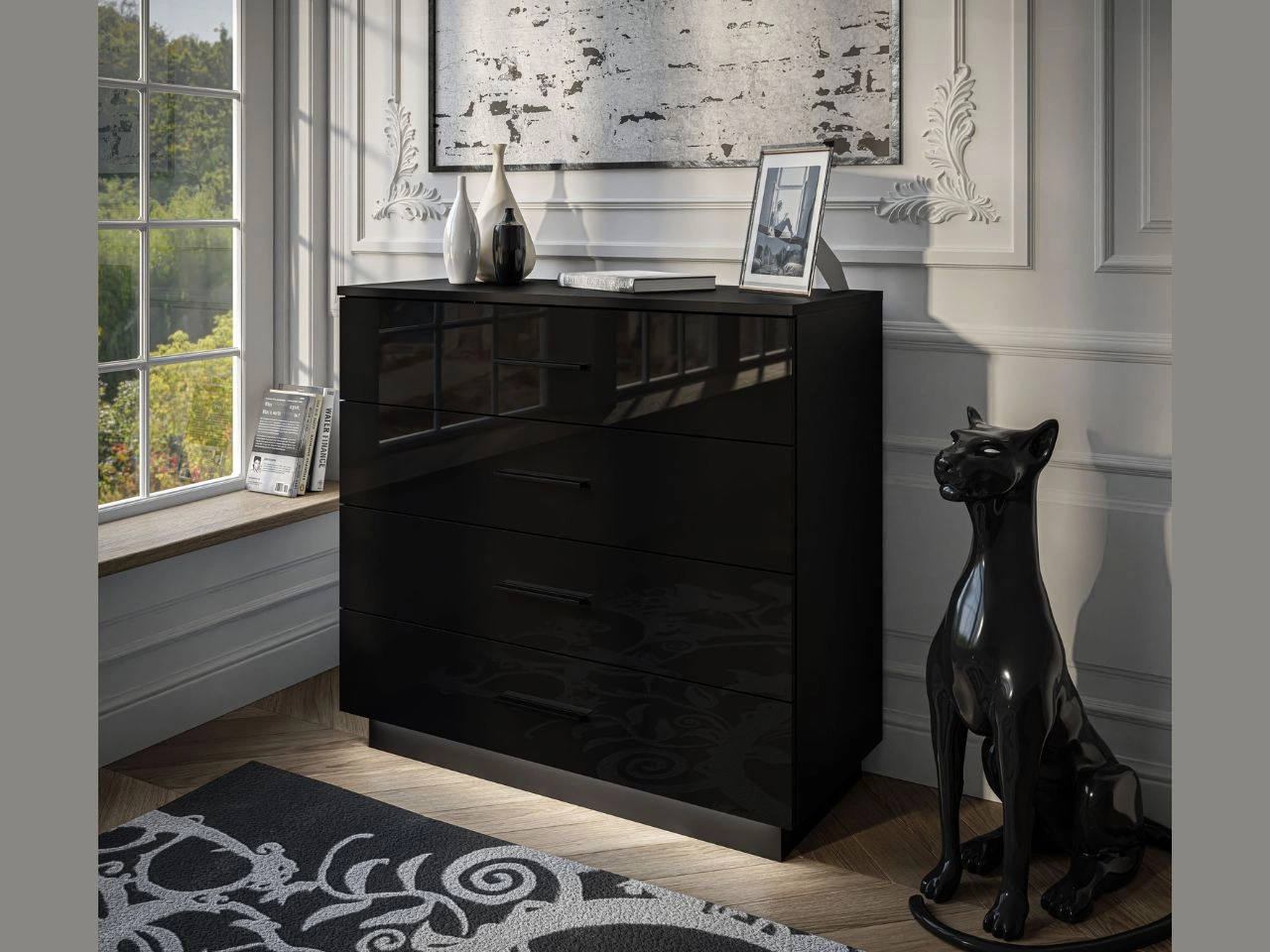 Kommode mit vier Schubladen und LED-Beleuchtung Nuveo Schwarz Hochglanz