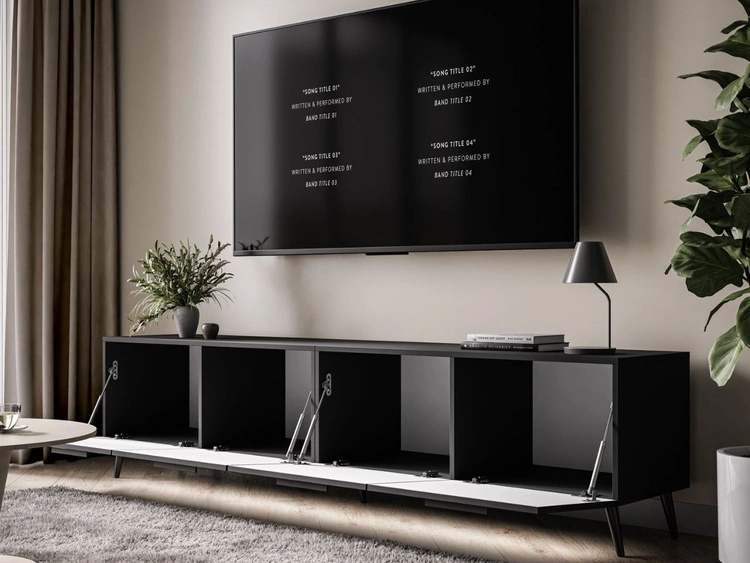 TV-Lowboard mit Türen und LED-Beleuchtung auf Schwarzen Metallbeinen 200 cm Noaé Schwarz Hochglanz