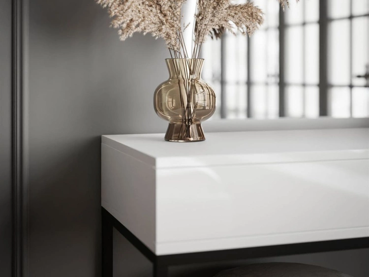 Kosmetiktisch linksseitig mit Schubladen und LED-Beleuchtung auf schwarzen Beinen Clarette Weiß Hochglanz