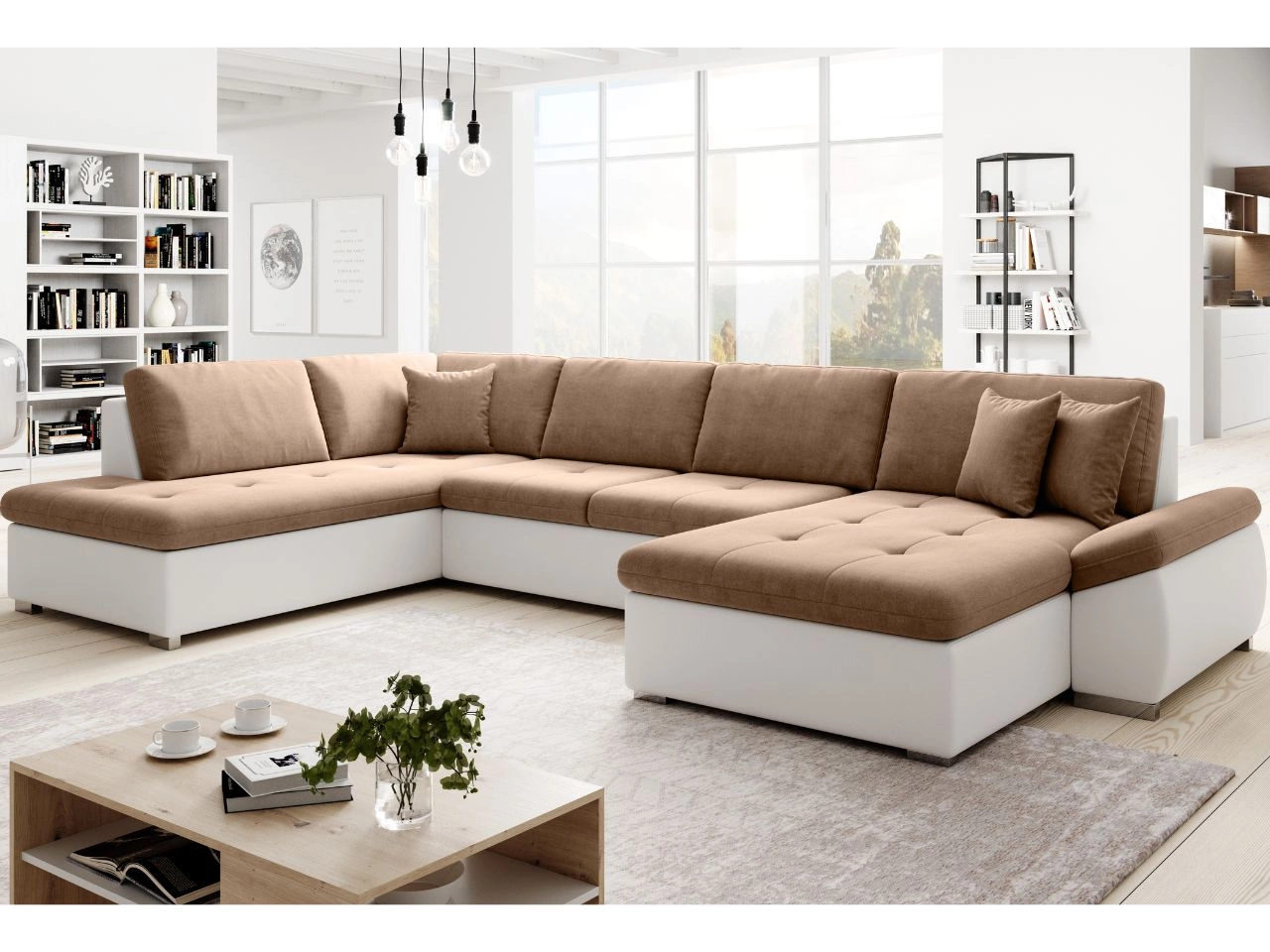 Wohnlandschaft mit Schlaffunktion Links Moni U Braun, Weiß