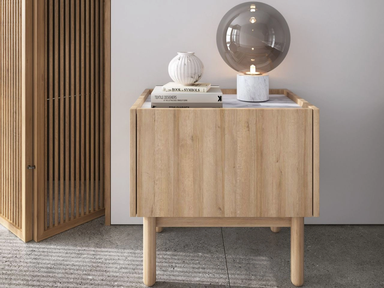 Nachttisch mit Regal Braha Riviera Eiche, Marmor Bianco